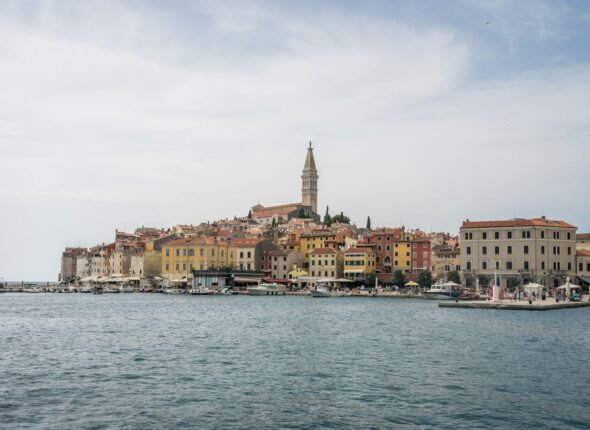 a large body of water with a city in the background